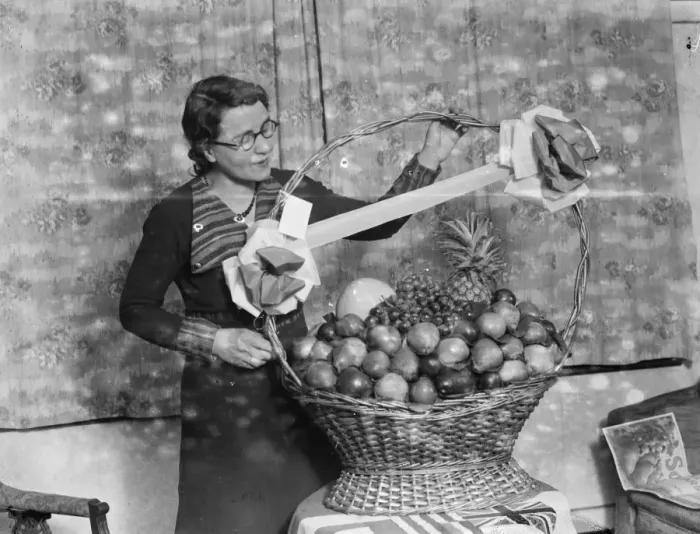 Framed Print : Basket of fruit raffled at the charity dance in Sidcup, Kent. 1936 Framed Print : Basket of fruit raffled at the charity dance in Sidcup, Kent. 1936