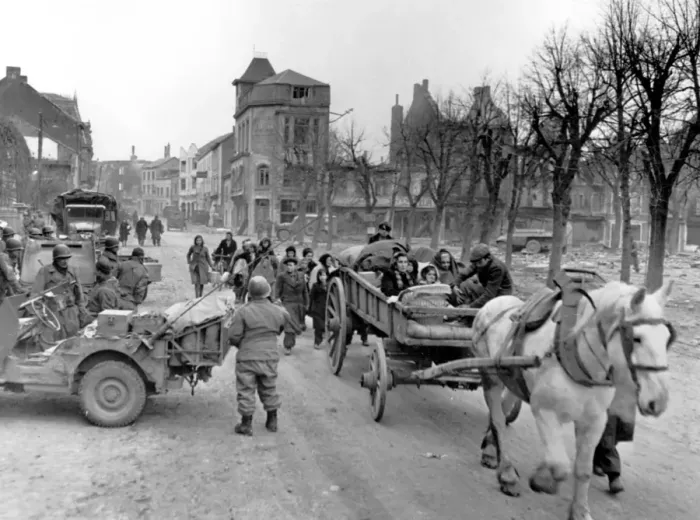Framed Print : Bastogne Belgium Horse-drawn carts with civilians