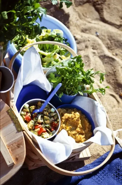 Framed Print : Beach picnic with salads in bowls and baskets credit: Marie-Louise Avery / thePictureKitchen Framed Print : Beach picnic with salads in bowls and baskets credit: Marie-Louise Avery / thePictureKitchen