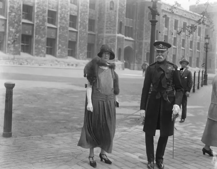 Framed Print : Beating the bounds at the Tower of London. Field Marshal Lord Methuen with his daughter Framed Print : Beating the bounds at the Tower of London. Field Marshal Lord Methuen with his daughter