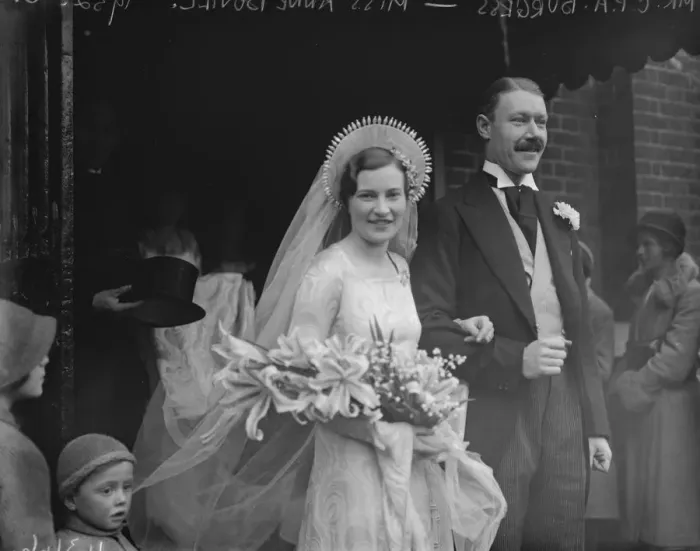 Framed Print : Beautiful brides striking head dress. The marriage of Miss Ann Bovill and Mr C P A Burgess Framed Print : Beautiful brides striking head dress. The marriage of Miss Ann Bovill and Mr C P A Burgess