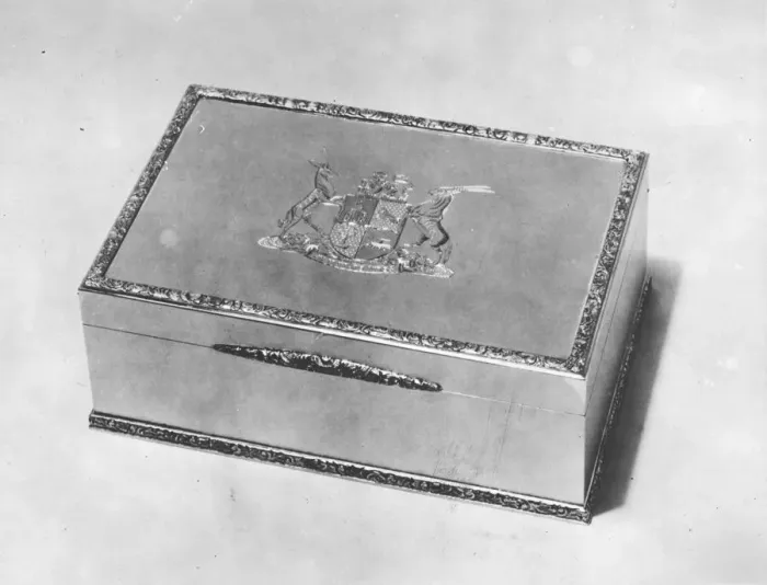 Framed Print : This beautiful golden casket, containing a number of diamonds, is to be presented Framed Print : This beautiful golden casket, containing a number of diamonds, is to be presented