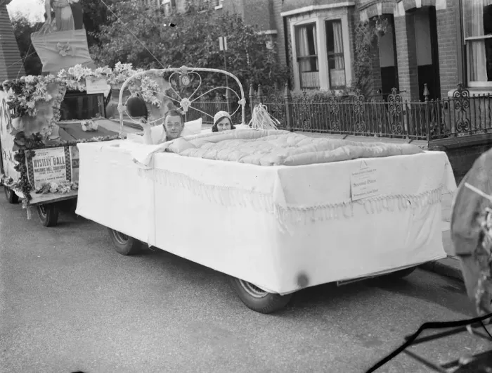 Framed Print : A bed car in the Dartford Carnival procession. 1939 Framed Print : A bed car in the Dartford Carnival procession. 1939