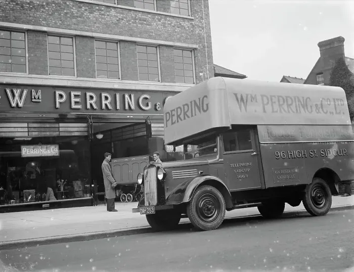 Framed Print : A Bedford truck belonging to W Perring and Co Ltd, the house furnishers. Workers Framed Print : A Bedford truck belonging to W Perring and Co Ltd, the house furnishers. Workers