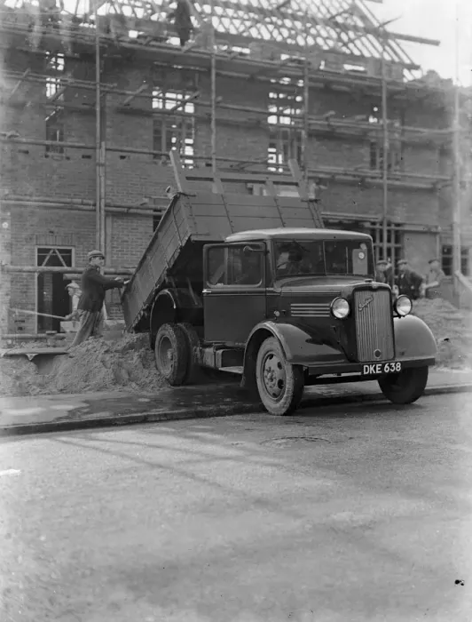 Framed Print : A Bedford truck tipping its load at a building site in Chislehurst, Kent