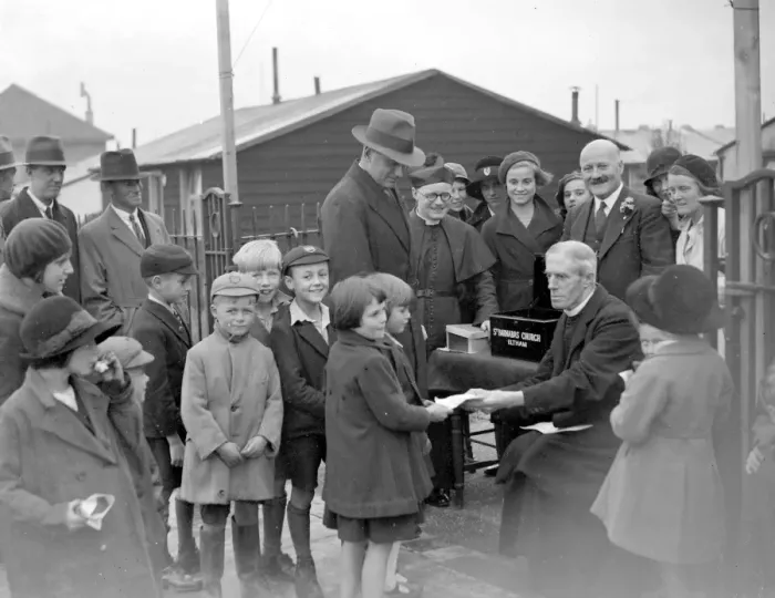 Framed Print : Begging vicars at St Barnabas Church in Eltham, Kent. 1934 Framed Print : Begging vicars at St Barnabas Church in Eltham, Kent. 1934