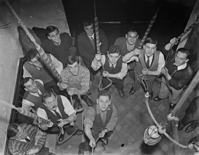 Framed Print : Bell - ringers practice at Eynsford church, Kent. 1936 Framed Print : Bell - ringers practice at Eynsford church, Kent. 1936