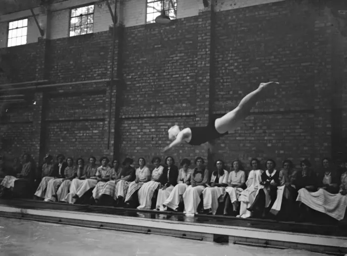 Framed Print : Bergman Osterberg College of Physical Education in Darford, Kent. One girl dives Framed Print : Bergman Osterberg College of Physical Education in Darford, Kent. One girl dives