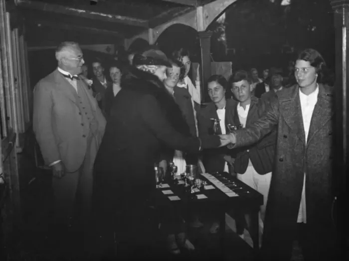 Framed Print : Bexley junior tennis tournament in Kent. The mayoress presents the prizes. 1938 Framed Print : Bexley junior tennis tournament in Kent. The mayoress presents the prizes. 1938