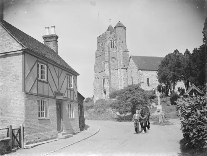 Framed Print : The Birling church and Smithy near Meopham, Kent. 1939 Framed Print : The Birling church and Smithy near Meopham, Kent. 1939