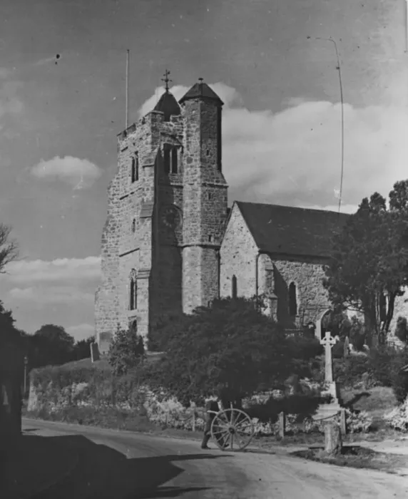 Framed Print : The Birling church and Smithy near Meopham, Kent. 1939 Framed Print : The Birling church and Smithy near Meopham, Kent. 1939