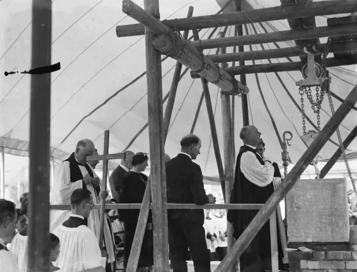 Framed Print : The Bishop of Rochester at Barnehurst, Kent, blessing the stone as part of laying