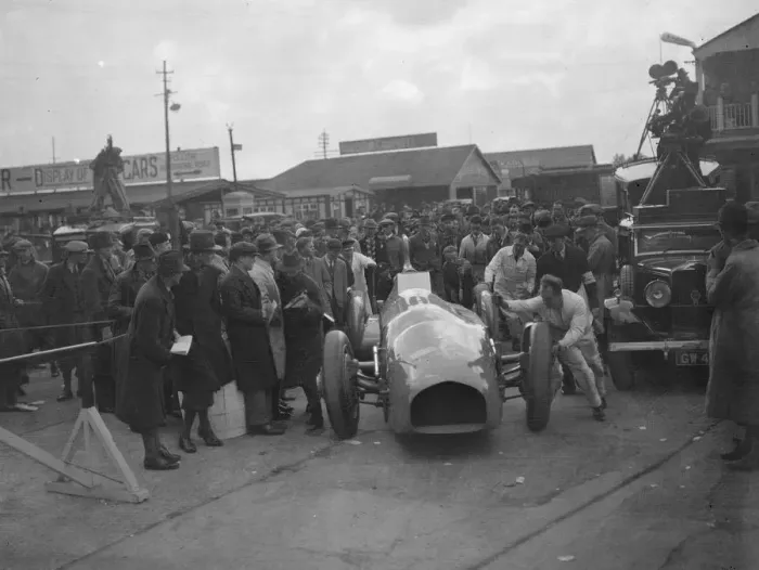 Framed Print : The Bluebird car being rolled out on Easter Monday at Brooklands track Framed Print : The Bluebird car being rolled out on Easter Monday at Brooklands track