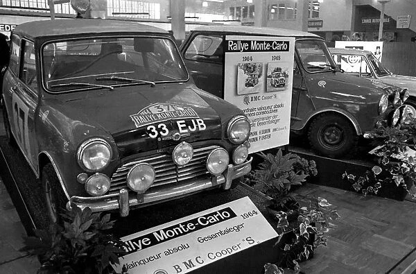 BMCs Mini Coopers winner of the 1965 Monte Carlo Rally, on show at the Geneva International
