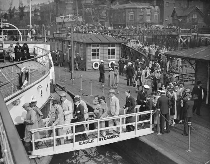 Framed Print : Boarding Eagle steamers at Tower pier, the first run of the season 30 May 1925 Framed Print : Boarding Eagle steamers at Tower pier, the first run of the season 30 May 1925