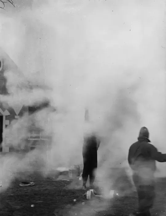 Framed Print : A bomb that puts out fires demonstrated at Clapton Stadium. A blazing building Framed Print : A bomb that puts out fires demonstrated at Clapton Stadium. A blazing building