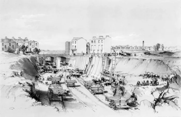 Framed Print : From Bournes drawings of the London and Birmingham Railway 1839 Building the retaining Framed Print : From Bournes drawings of the London and Birmingham Railway 1839 Building the retaining