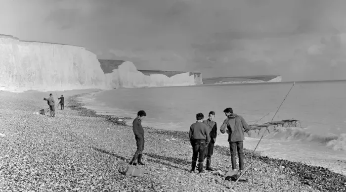 Framed Print : Boys sea fishing at Seven Sisters, Birling Gap, Sussex, England. 1960 s Framed Print : Boys sea fishing at Seven Sisters, Birling Gap, Sussex, England. 1960 s