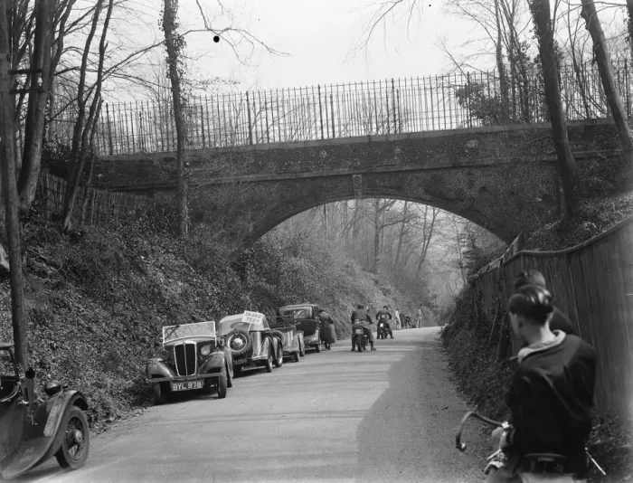 Framed Print : Brake test for the motorcycle trial in Wrotham, Kent. 1937 Framed Print : Brake test for the motorcycle trial in Wrotham, Kent. 1937