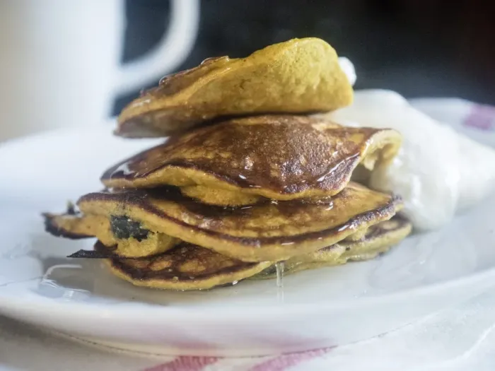 Framed Print : Breakfast pancakes made with a batter of a banana, two eggs, and 2 tablespoons of