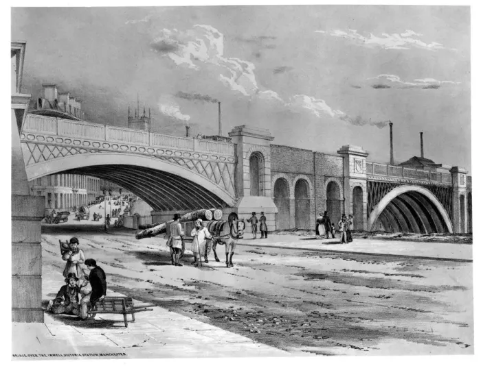 Framed Print : Bridge over the Irwell, Victoria Station, Manchester, 1845 In 1838 Samuel Brooks