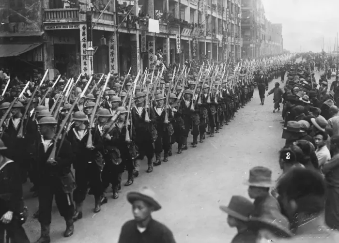 Framed Print : British Naval demonstration in Hong Kong. Bluejackets marching in full kit. 29