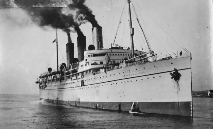 Framed Print : British steamer in dramatic collision. The British steamer Empress of Asia which Framed Print : British steamer in dramatic collision. The British steamer Empress of Asia which