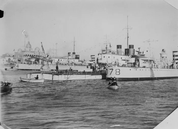 Framed Print : British warships on their way to China. HMS Aphis, river gunboat, alongside her escort