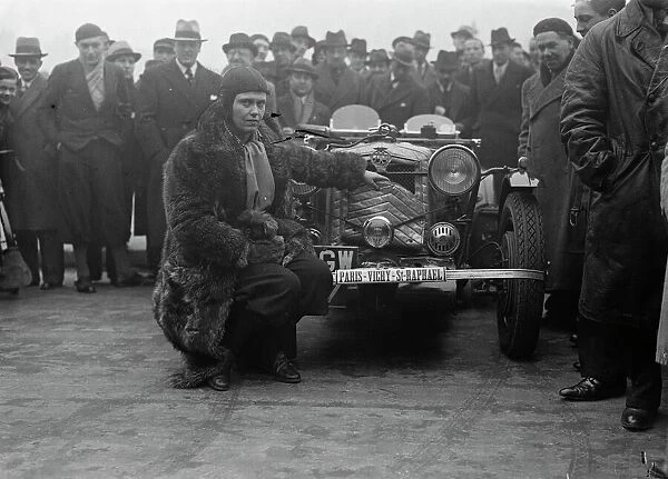 British women competitors leave Paris at start of French motor rally. Miss Jackie Astbury