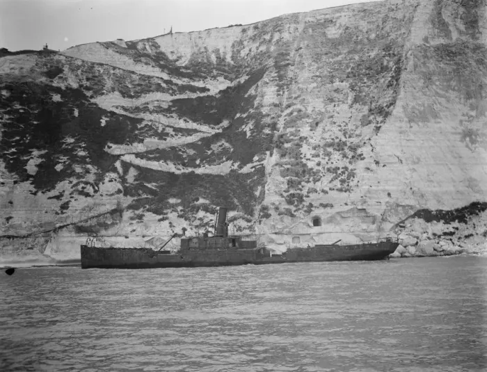 Framed Print : The burning ship Falcon ashore off Dover Harbour. A view of the Falcon from Framed Print : The burning ship Falcon ashore off Dover Harbour. A view of the Falcon from