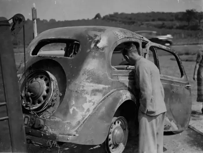 Framed Print : Burnt car. 1937 Framed Print : Burnt car. 1937