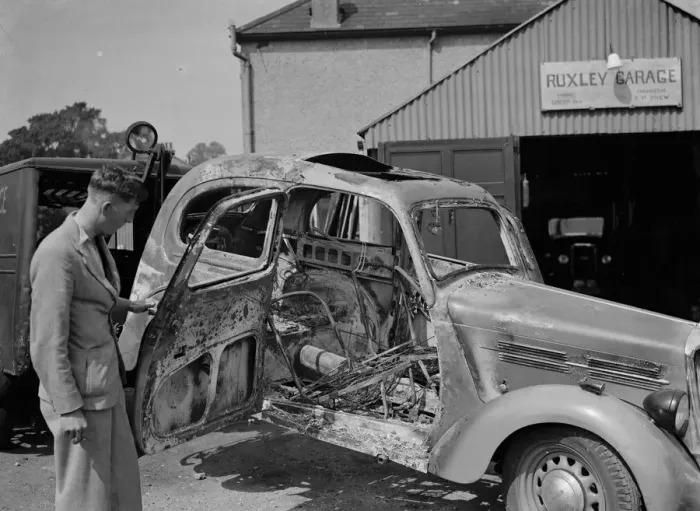Framed Print : Burnt car. 1937 Framed Print : Burnt car. 1937