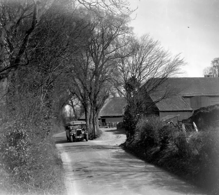 Framed Print : Bus on a country lane. 1934