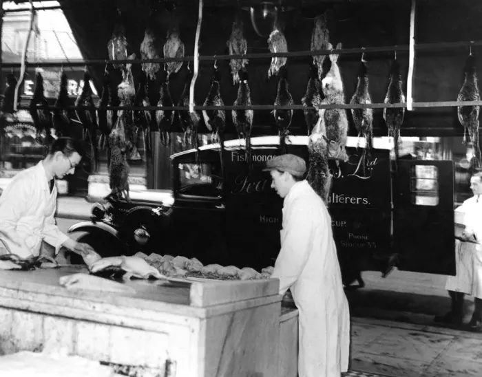 Framed Print : Butchers shop with Delivery van for Pearce Brothers, fishmongers and poulterers Framed Print : Butchers shop with Delivery van for Pearce Brothers, fishmongers and poulterers