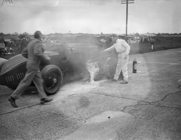Framed Print : Car Blows up and Bursts Into Flames In Big Race At Brooklands The Leyland - Thomas