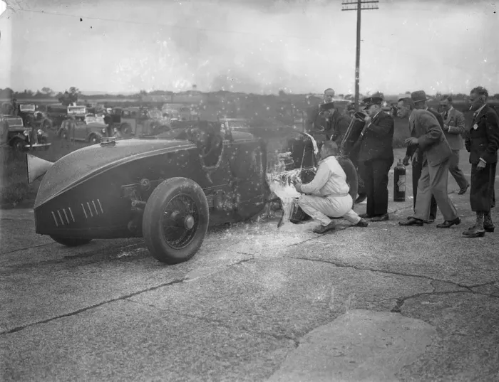 Framed Print : Car Blows up and Bursts Into Flames In Big Race At Brooklands The Leyland - Thomas Framed Print : Car Blows up and Bursts Into Flames In Big Race At Brooklands The Leyland - Thomas