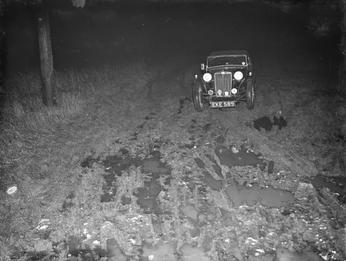 Framed Print : A car driving down Church Road in Kingsdown, Kent. 12 December 1938