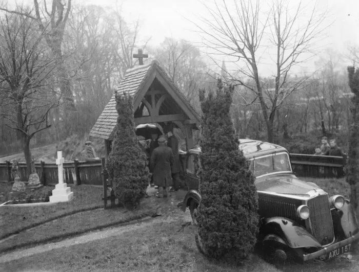 Framed Print : Car goes to church in Foots Cray, Kent. Scene of an accident where a car has crashed