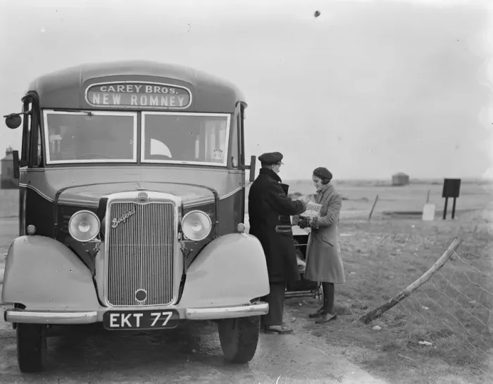 Framed Print : A Carey Bros Bedford coach in New Romney, Kent. 1939 Framed Print : A Carey Bros Bedford coach in New Romney, Kent. 1939