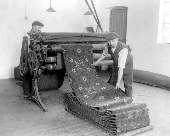 Framed Print : Carpet making at Wilton. Showing hand tufted Axminster Carpet - This machine levels Framed Print : Carpet making at Wilton. Showing hand tufted Axminster Carpet - This machine levels
