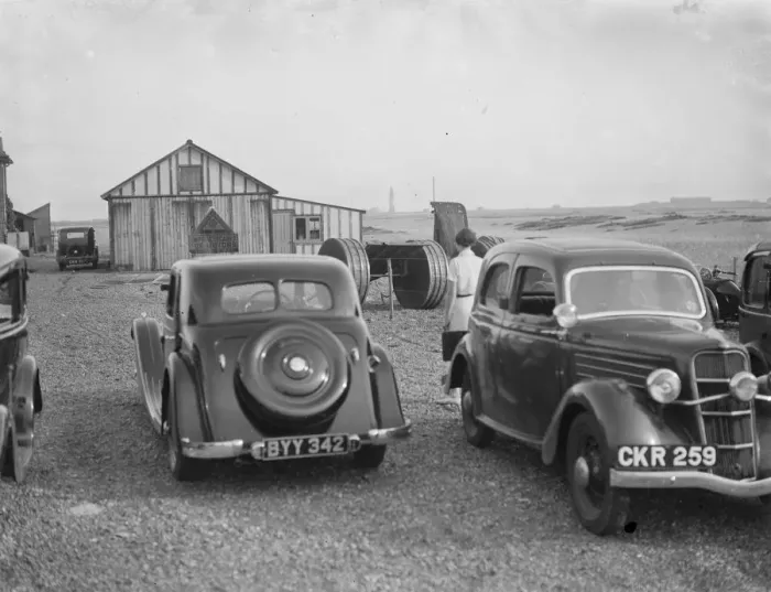 Framed Print : Cars parked on the Dungeness beach in Kent. 1936 Framed Print : Cars parked on the Dungeness beach in Kent. 1936