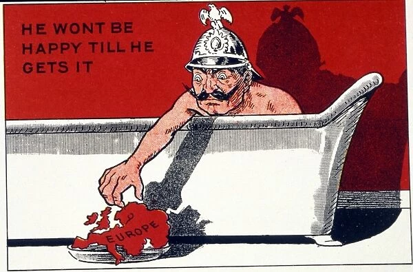 Cartoon of Kaiser Bill in the Bath Tub with the caption He Wont be Happy Till He