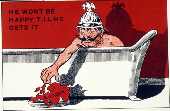 Framed Print : Cartoon of Kaiser Bill in the Bath Tub with the caption He Wont be Happy Till He