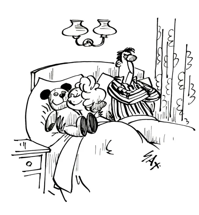 Framed Print : Cartoon by Sax Another good nights sleep. Why did I buy that stupid teddy bear for her birthday Framed Print : Cartoon by Sax Another good nights sleep. Why did I buy that stupid teddy bear for her birthday