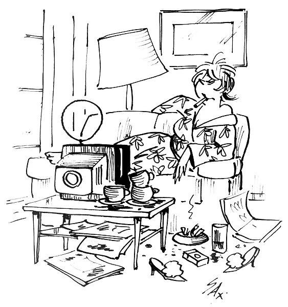 Cartoon by Sax Woman being a TV slob Usually paying little or no attention to political