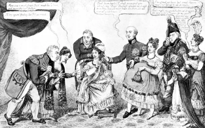 Framed Print : Cartoon showing members of the Royal Family in the race for an heir - Left tot Right The Duke Framed Print : Cartoon showing members of the Royal Family in the race for an heir - Left tot Right The Duke