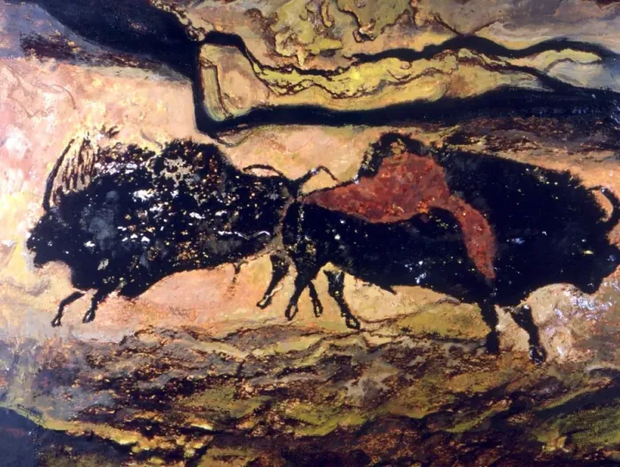 Framed Print : CAVE PAINTINGS Prehistoric cave paintings of two bison from Lascaux (Axial Gallery Framed Print : CAVE PAINTINGS Prehistoric cave paintings of two bison from Lascaux (Axial Gallery