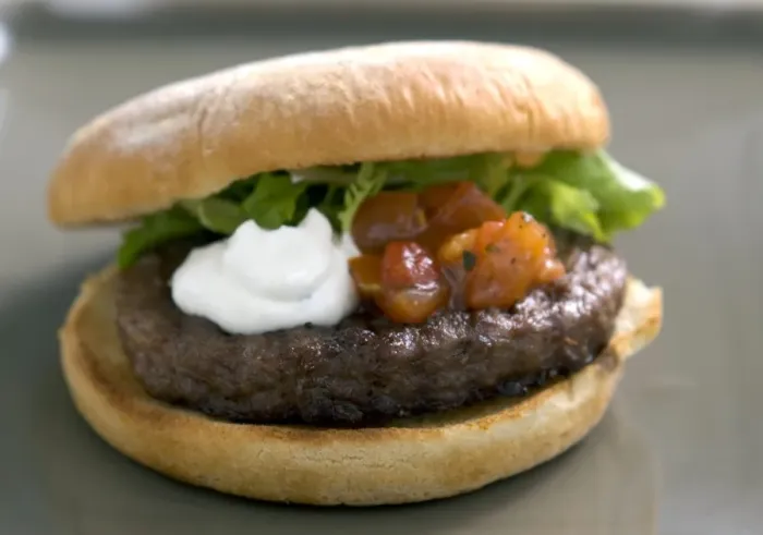 Framed Print : Chargrilled hamburger in bun with frisee salad, tomato salsa and sour cream credit