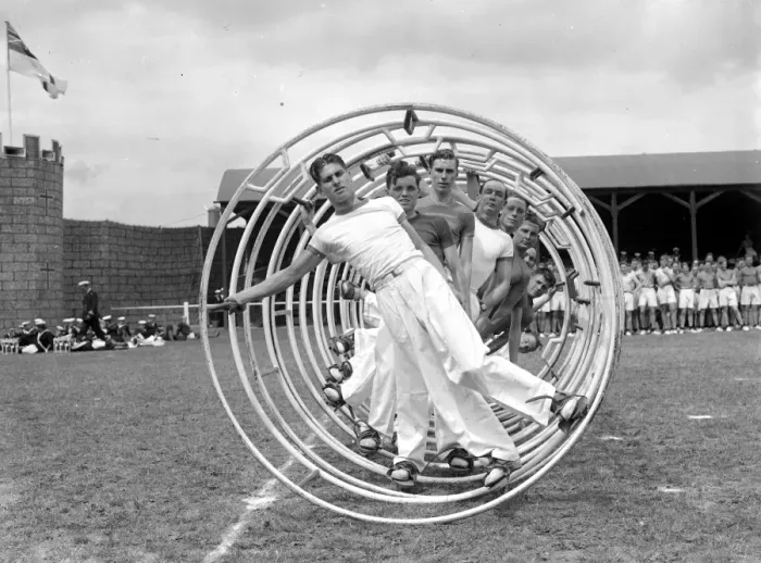 Framed Print : Chatham Navy Week. Sailors on gyro wheels. August 1938 Framed Print : Chatham Navy Week. Sailors on gyro wheels. August 1938