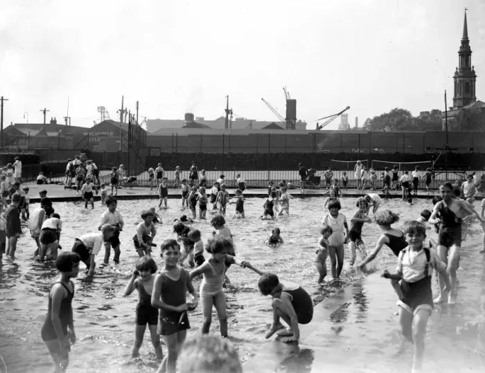 Framed Print : Children bathing in London Wapping Park. 1933